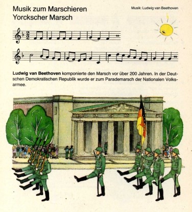 „Der Parademarsch der Nationalen Volksarmee“. (Aus dem Schülerbuch „Musik 2“ für die 2. Klasse, herausgegeben vom Volkseigenen Verlag Berlin 1990)