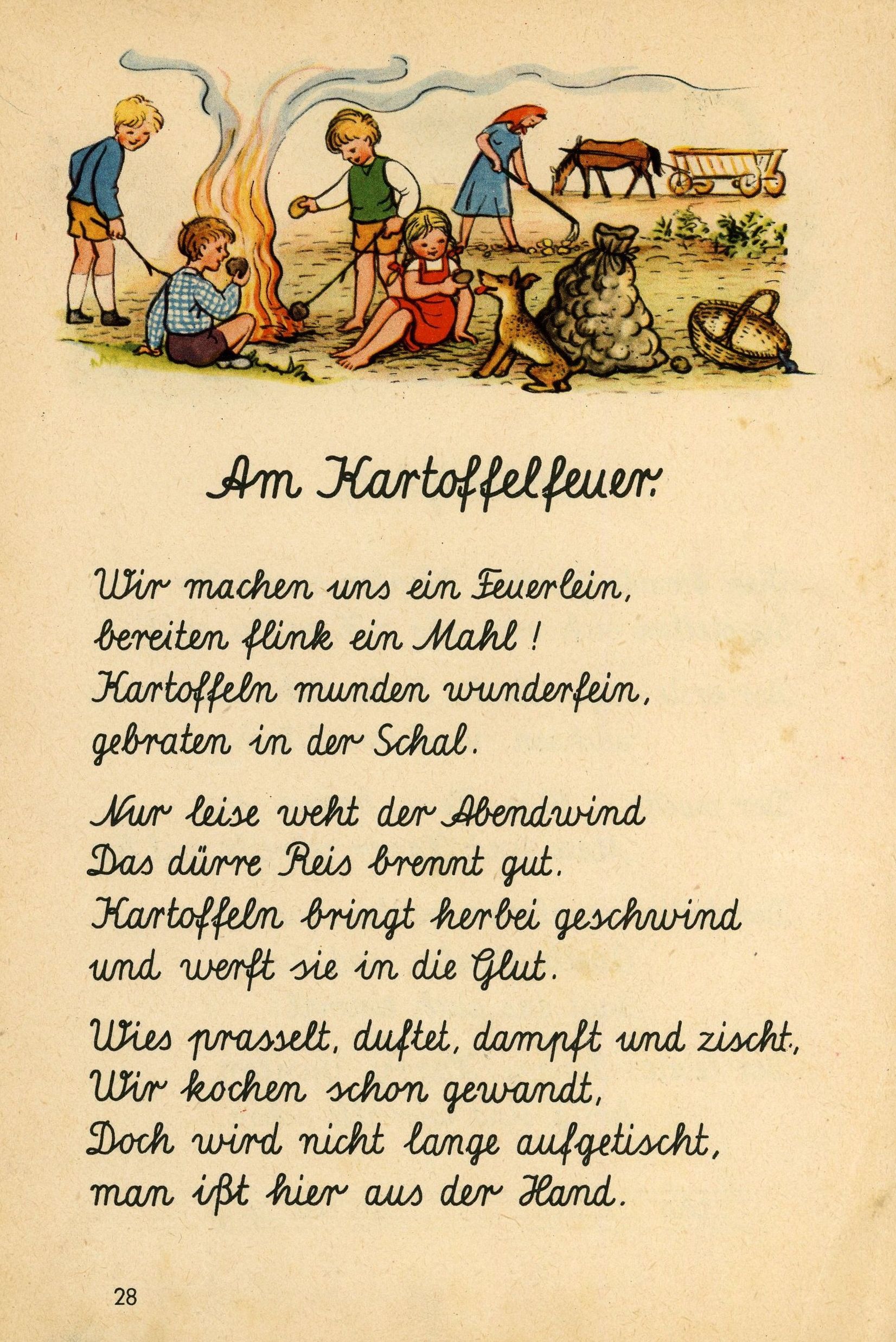 „Am Kartoffelfeuer.“,Seite aus der Fibel „Komm und lies, Schreib-Lesefibel fr unsere Kleinen in Stadt und Land, Adolf Rausch Verlag Heidelberg 1952“