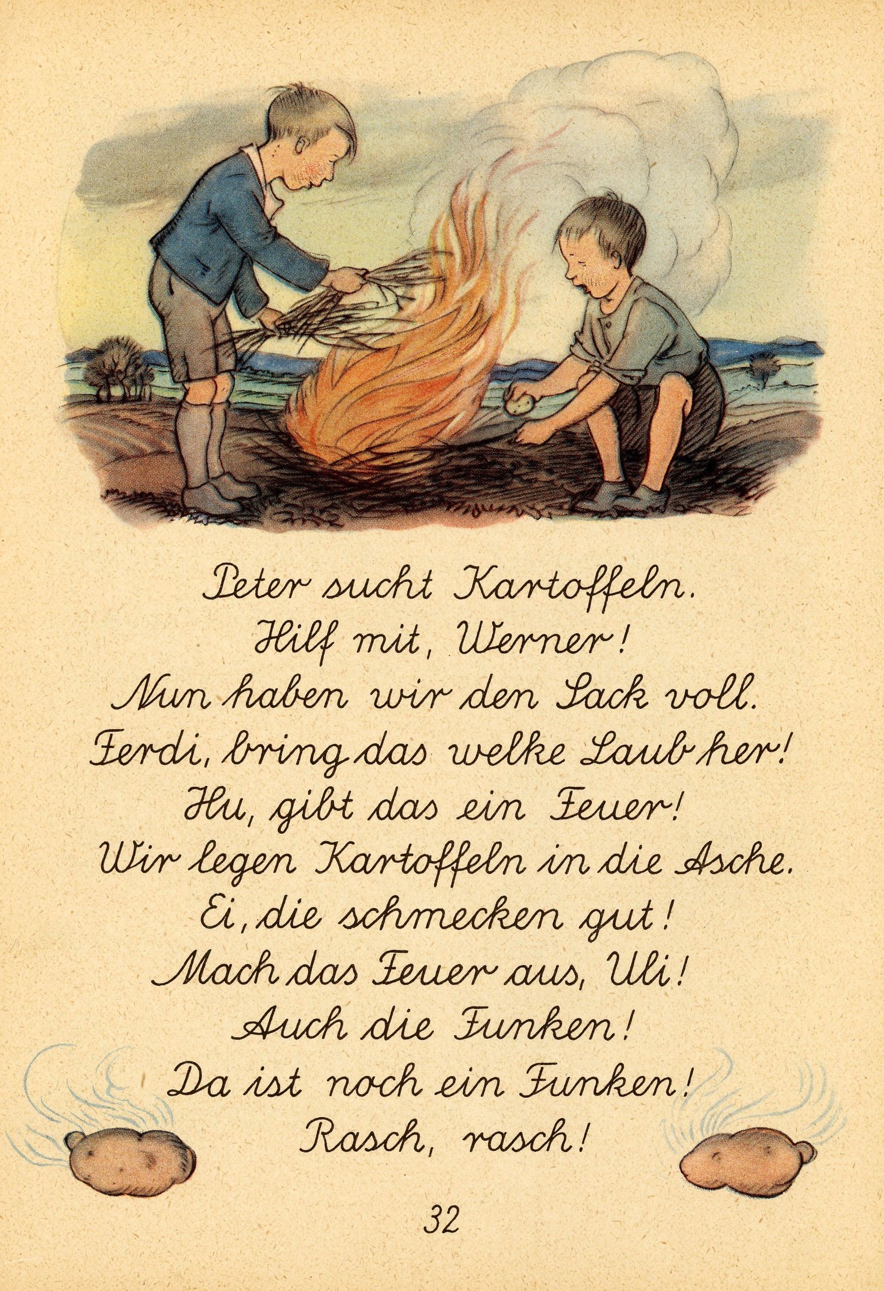 „Peter sucht Kartoffeln.“, Seite aus der Fibel „Sonnenfibel“, herausgegeben von Dr. Maria Koch, Bilder von Else Wenz-Vietor, pdagogischer Verlag Schwann, Dsseldorf, 8. Auflage