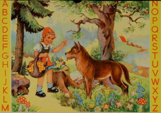 Rotkäppchen und der Wolf auf einer Schutzhülle für die Schiefertafel, um 1955