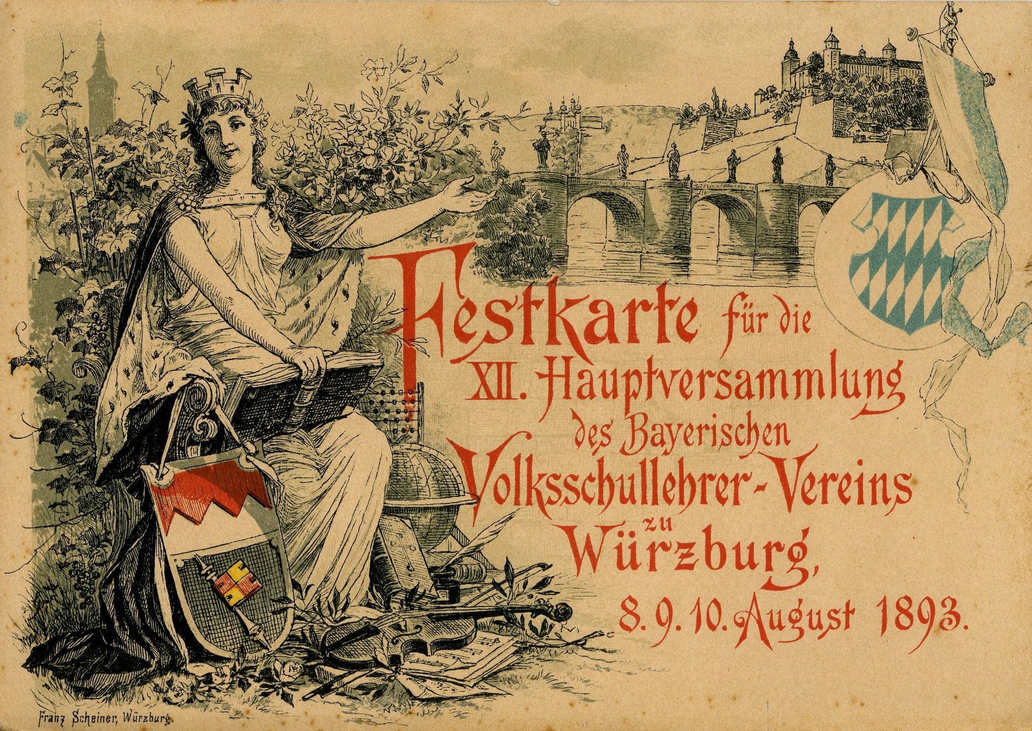 Einladung zur XII. Hauptversammlung des Bayerischen Volksschullehrer-Vereins in Würzburg 1893 für den Sendelbacher Lehrer Friedrich Karl Göpfert