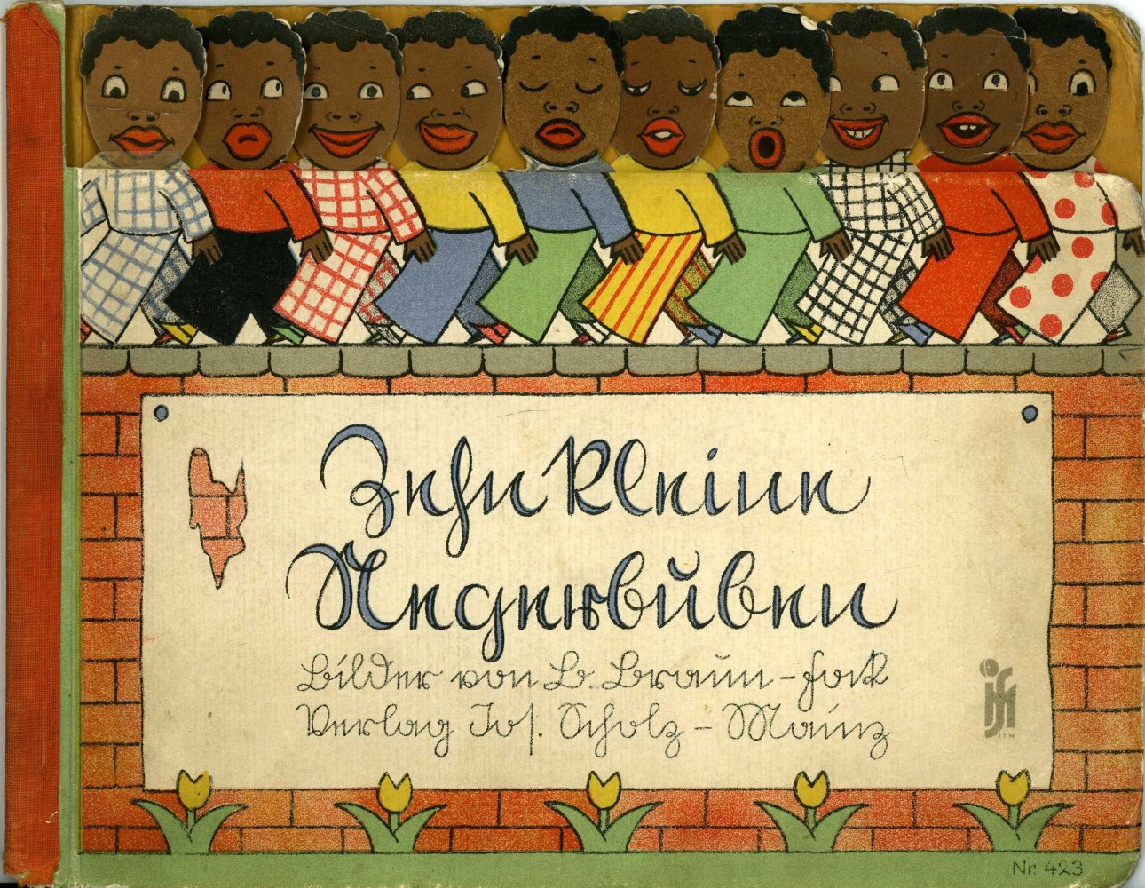 Kinderliederbuch „Zehn kleine Negerbuben“ (oder Negerlein),  Illustrationen auf der Vorder- und Rckseite, um 1930