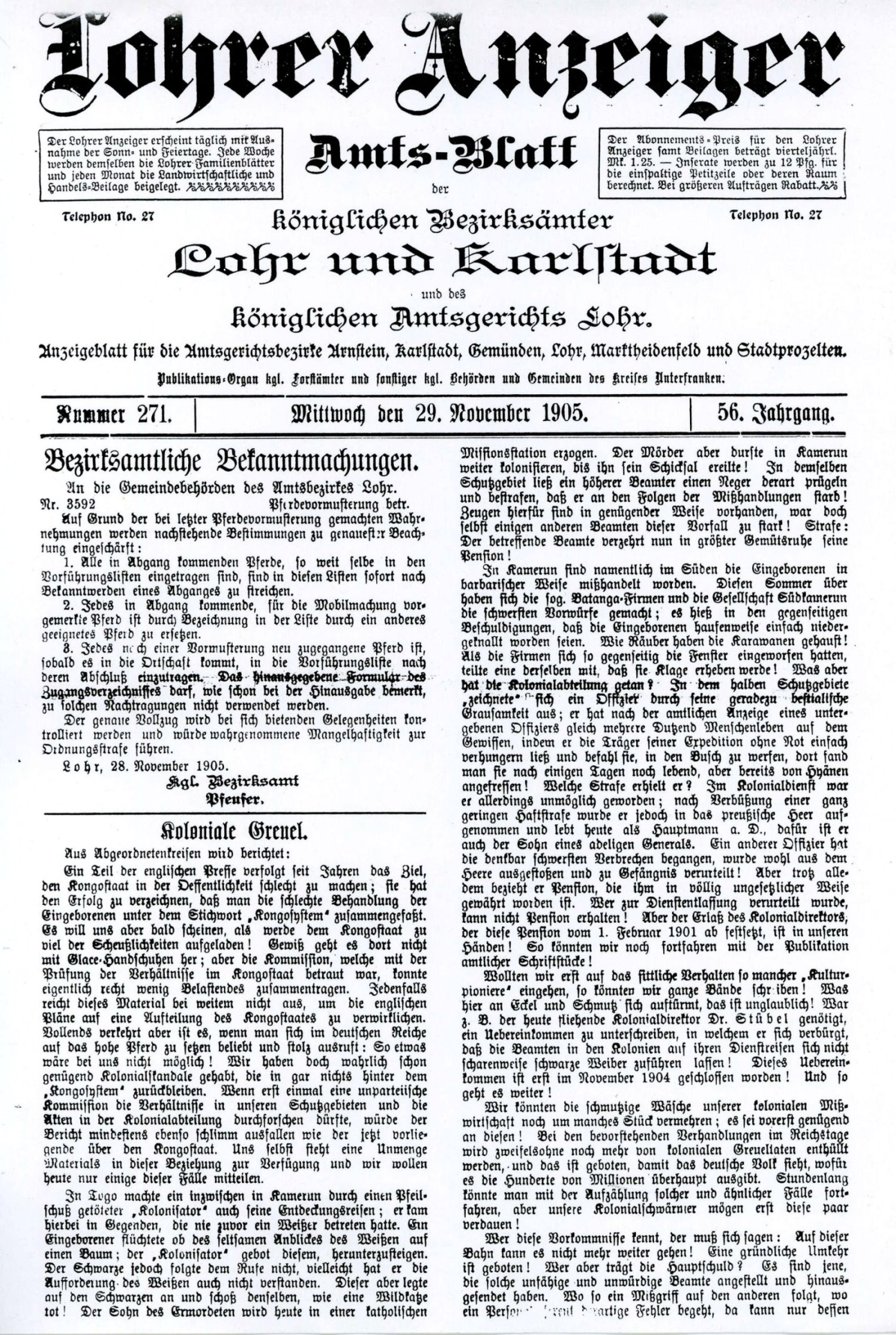 Titelseite des Lohrer Anzeigers vom 29. Nov. 1905