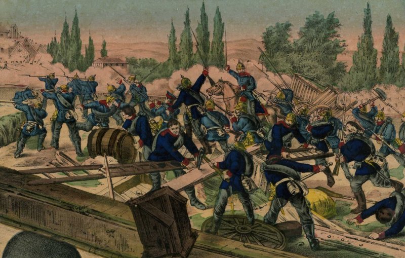 Sturm der Preuen ber die Saalebrcke auf Bad Kissingen. ((Lithografie aus: „Die Illustrierte Kriegs-Chronik des Jahres 1866, Gedenkbuch an die Kriegsereignisse in Deutschland und Italien, fr das deutsche Volk bearbeitet von Dr. Carl Adolph.“, undatierte Ausgabe)