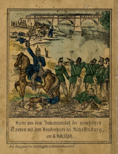 Illustration auf dem Einband eines Schlerschreibheftes aus dem Jahr 1872, Beschreibung unten: „Scene aus dem Zusammensto der preuischen Truppen mit dem Bundesheere bei Aschaffenburg, am 14. Juli 1866.