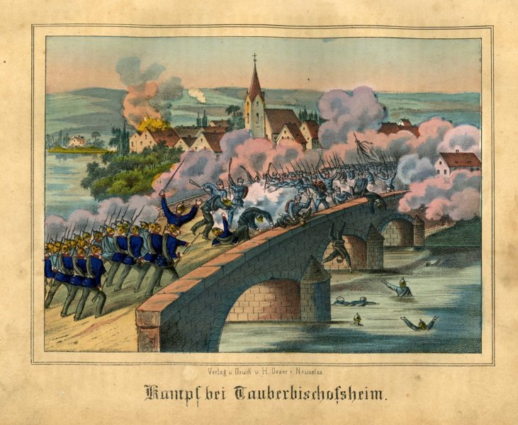 Kampf bei Tauberbischofsheim am 24. Juli 1866. (Lithografie aus: „Die Illustrierte Kriegs-Chronik des Jahres 1866, Gedenkbuch an die Kriegsereignisse in Deutschland und Italien, fr das deutsche Volk bearbeitet von Dr. Carl Adolph.“, undatierte Ausgabe)