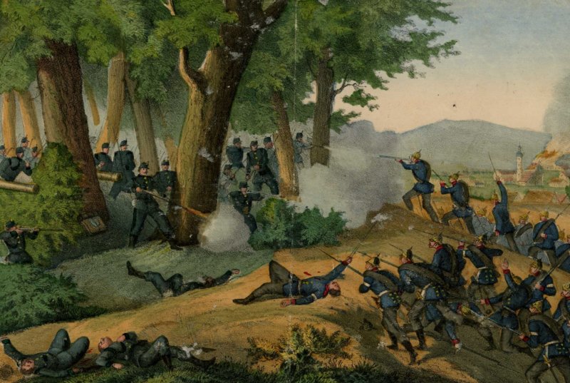 Gefechte bei ttingen, hier: Erstrmung des Kirchbergs am 26. Juli 1866 durch preuische Truppen. (Lithografie aus: Nachtrag: Am 26. Juli 1866 „wurde in Nicolsburg der Waffenstillstand und die Basis des Friedens zwischen Oesterreich und Preuen unterzeichnet. Oesterreich scheidet aus dem neu zu gestaltenden Deutschland aus; es erkennt alle Einrichtungen, welche Preuen in Norddeutschland treffen wird, einschlielich der Territorialvernderungen, an; es cediert ihm Schleswig-Holstein und zahlt einen Theil der Kriegslasten.“ (Lohrer Anzeiger Nummer 91 vom 2. August 1866)Die Illustrierte Kriegs-Chronik des Jahres 1866, Gedenkbuch an die Kriegsereignisse in Deutschland und Italien, fr das deutsche Volk bearbeitet von Dr. Carl Adolph.“, undatierte Ausgabe)