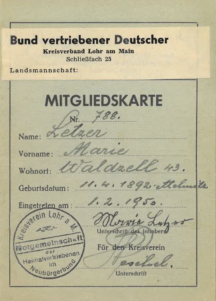 Mitgliedskarte „Bund vertriebener Deutscher“ von Marie Letzer