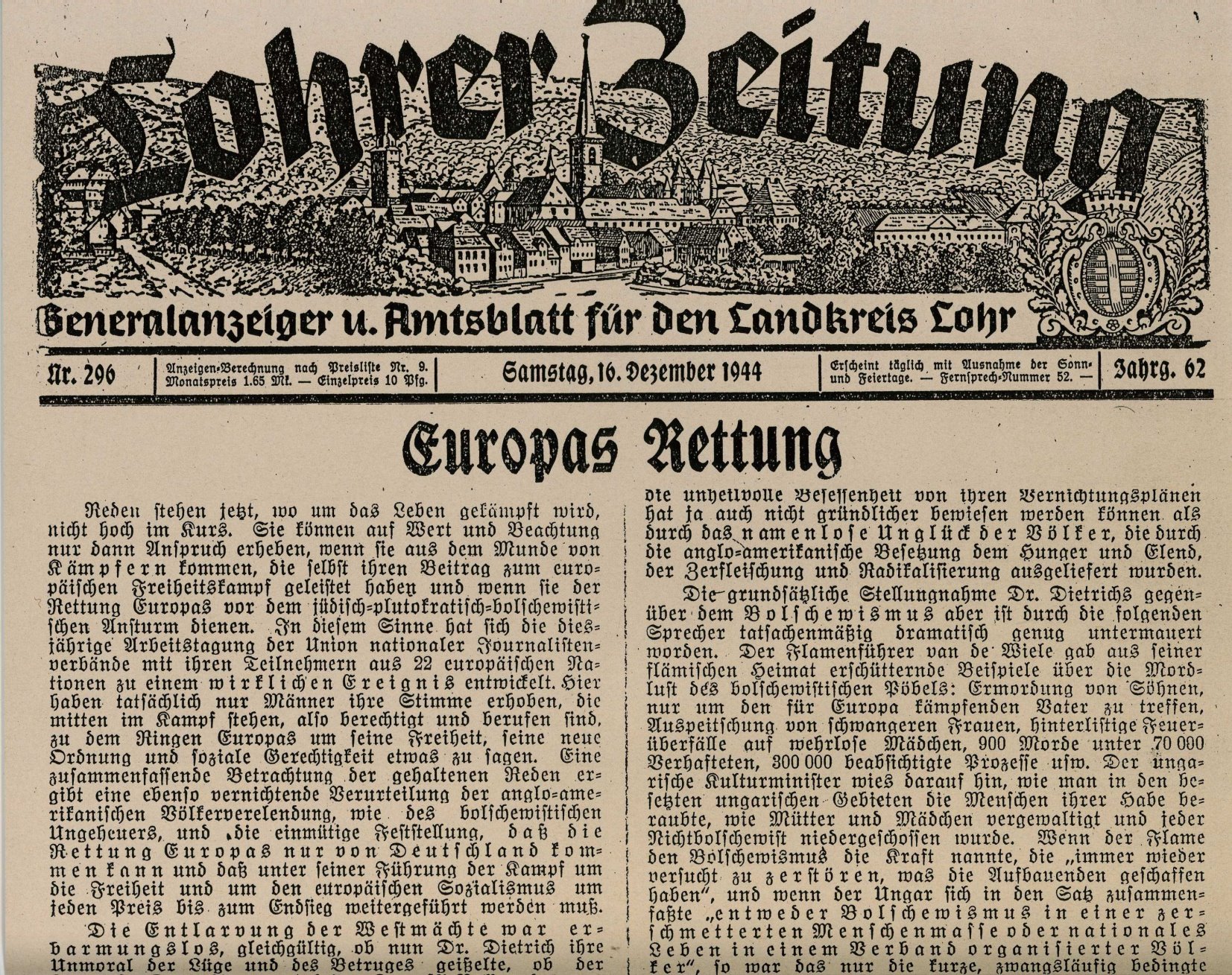 Lohrer Zeitung berichtete am 16. Dezember 1944