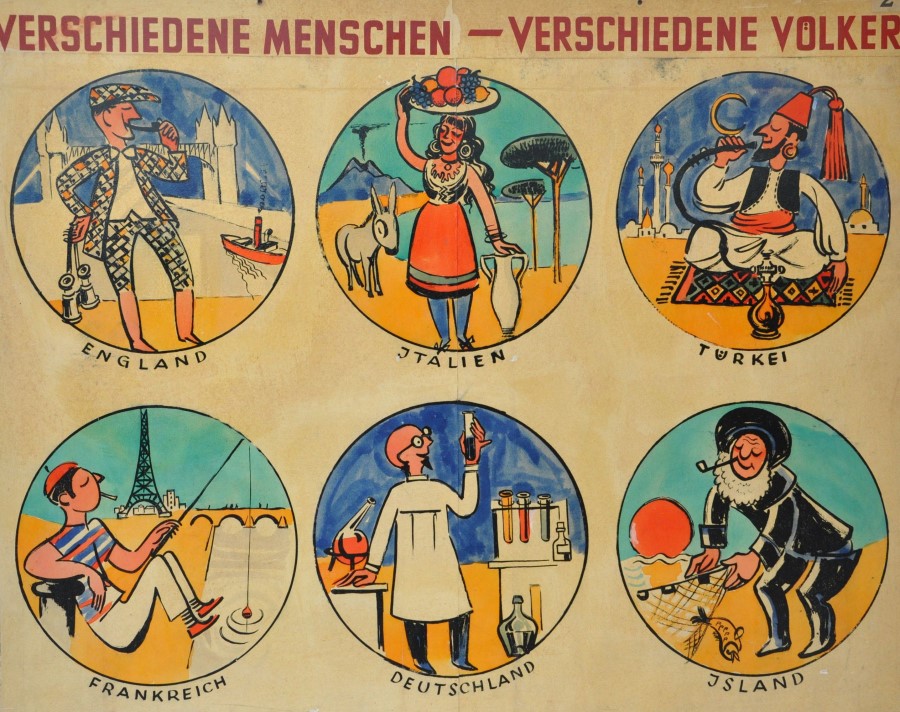 Wandbild aus der Medienkiste „DIE EUROPA-UNTERRICHTSTUNDE“ und Bildausschnitte: Verschiedene Menschen – verschiedene Vlker
