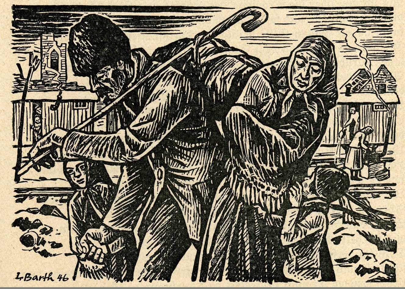 Holzstich von Ludwig Barth 1946, aus dem Lesebuch für die Volksschulen, herausgegeben vom Kultusministerium für Nordwürttemberg und Nordbaden für das 7. und 8. Schuljahr 1948