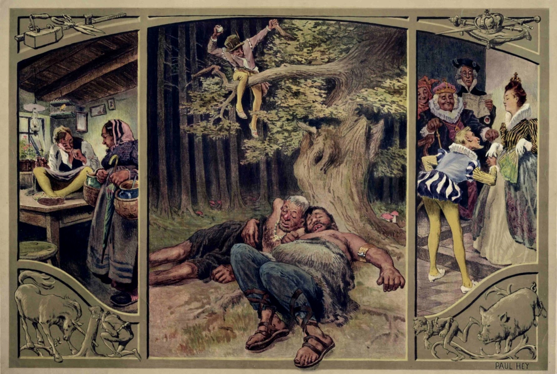 „Das tapfere Schneiderlein“, Meinholds Mrchenbild Nr. 12, Schulwandbild um 1904