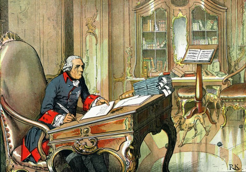 „Friedrich der Groe in seinem Arbeitszimmer zu Sanssouci.“, aus: „Friedrich der Grosse, dem deutschen Volke geschildert in bildlichen Darstellungen von Carl Rchling u. Richard Kntel und in historischer Ausfhrung von Hermann Mller-Bohn, herausgegeben v. Paul Kittel, mit Buchschmuck v. Franz Stassen“, Berlin 1901. (Foto: Udo Kleinfelder, Lohr)