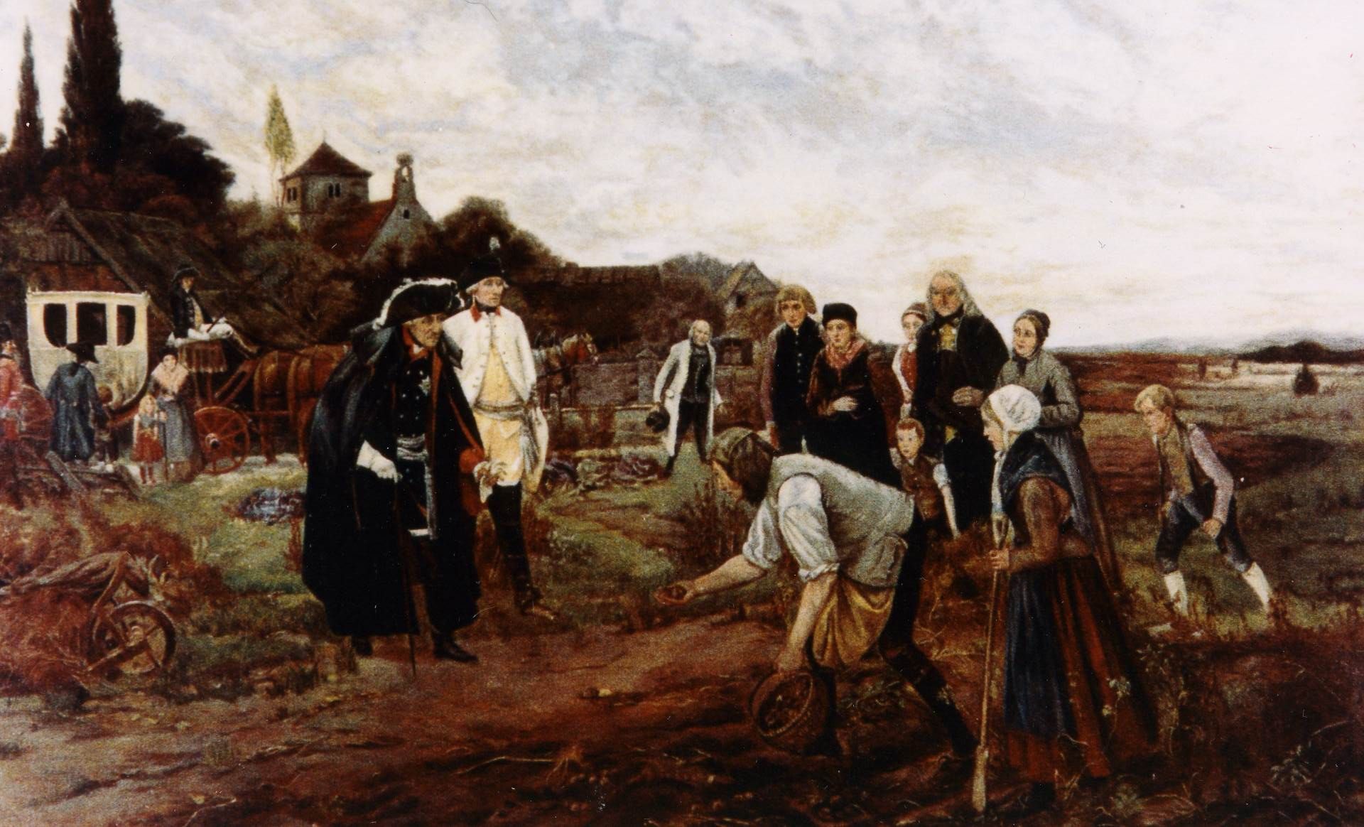 „Der Knig berall“ heit dieses Gemlde von R. Warthmller aus dem Jahr 1886. Es zeigt Friedrich II. bei der Inspektion der Kartoffelfelder im Oderbruch. (Abdruck mit freundlicher Genehmigung des Kartoffelmuseums in Mnchen)