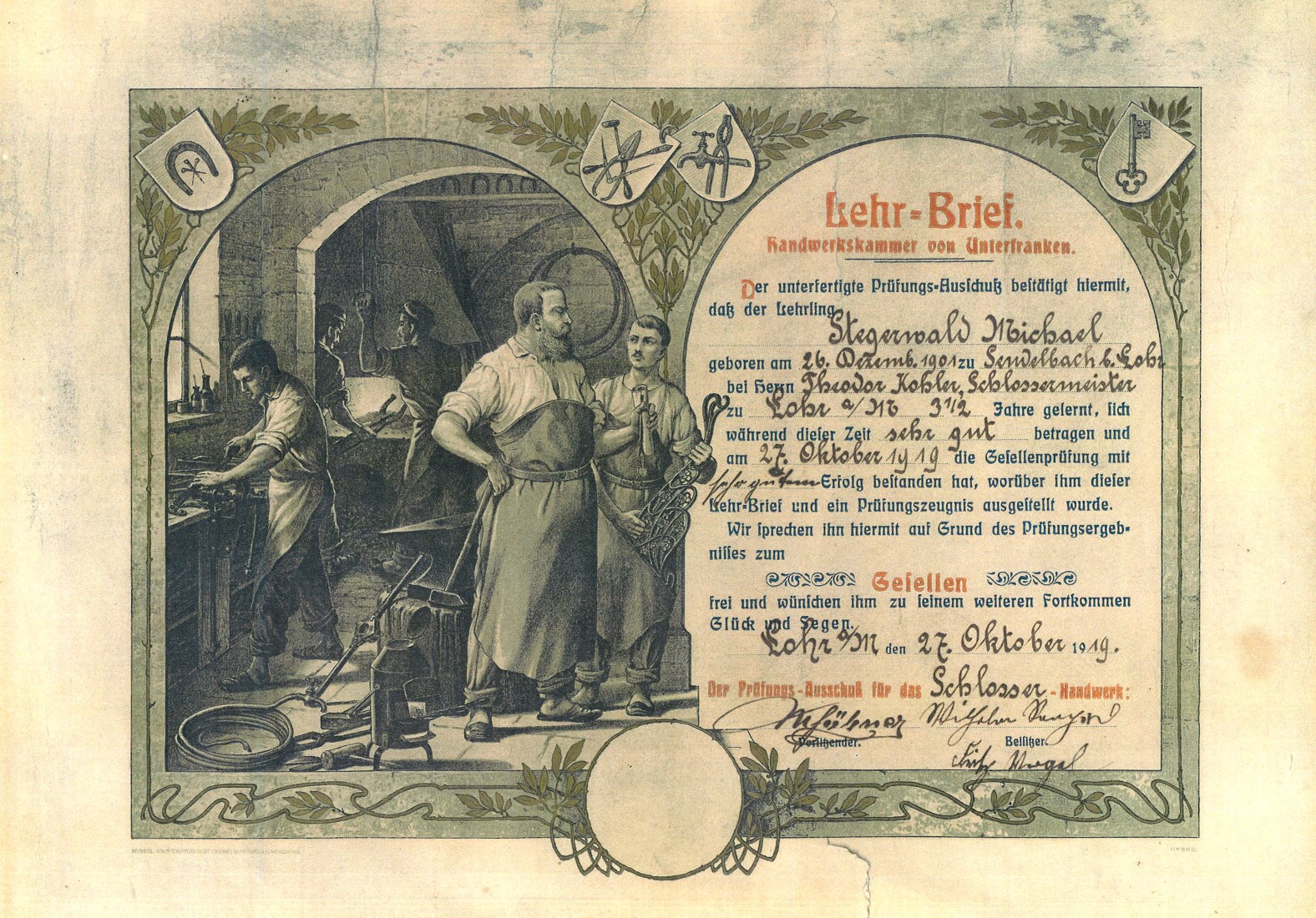 Lehrbrief des Sendelbachers Michael Stegerwald 1919