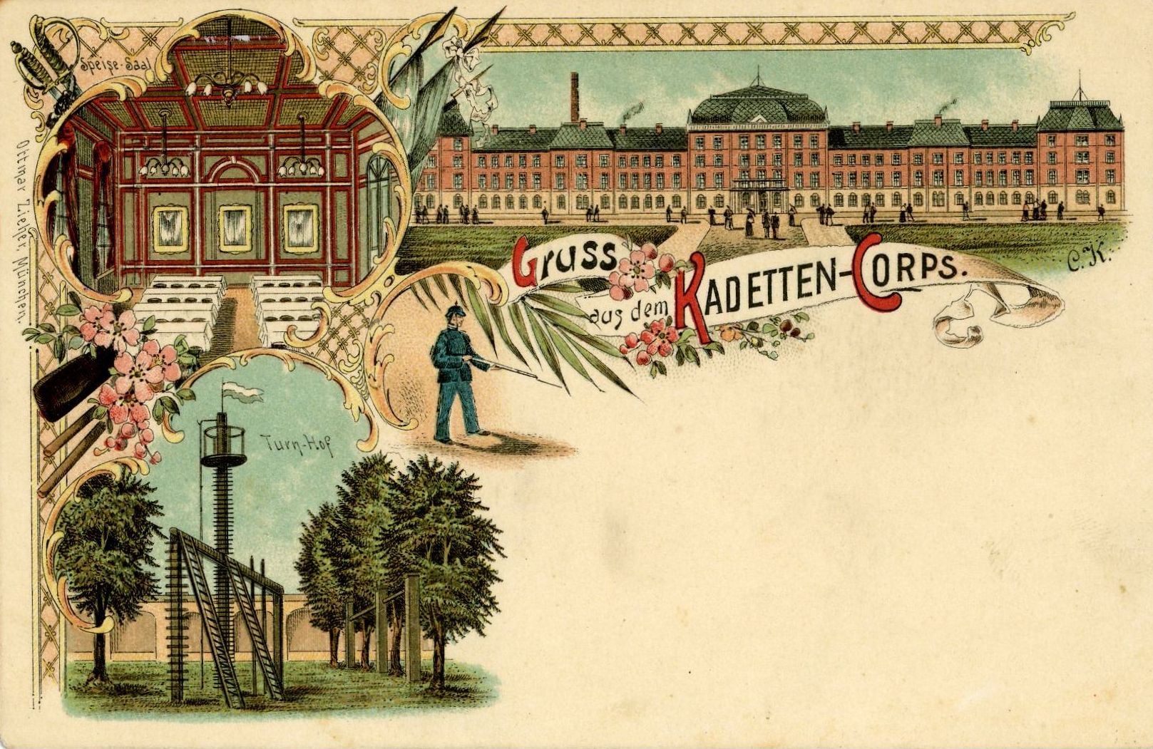 Das Gebude des Kadettenkorps am Mnchner Marsplatz von 1890 bis 1920. Es wurde spter von der Kriegsschule Mnchen als Unterkunft genutzt. Postkarte um 1900