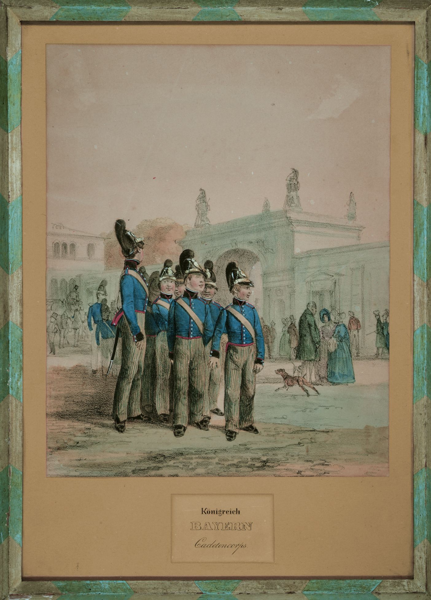 Fahnenkadett und Eleven beim Spaziergang auf dem Odeonsplatz in Mnchen, um 1840