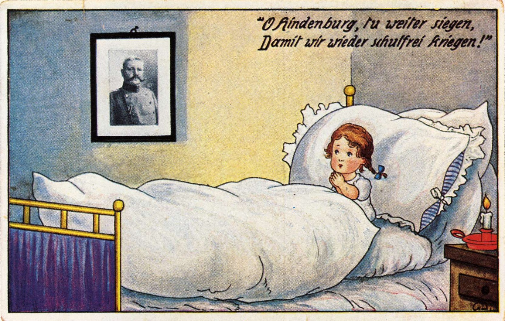 Kriegspropanda-Postkarte um 1914 „O Hindenburg, tu weiter siegen, damit wir wieder schulfrei kriegen!“