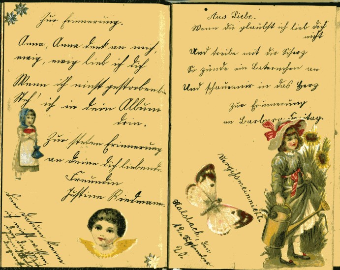 oppelseite aus dem Poesiealbum der Anna Freitag (verh. Riedmann) aus Halsbach:
