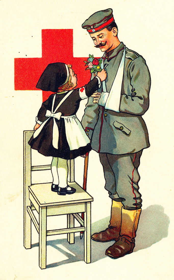 Mdchen in Schwesterntracht berreicht einem kriegsverletzten Soldaten Blumen, Postkarte um 1915
