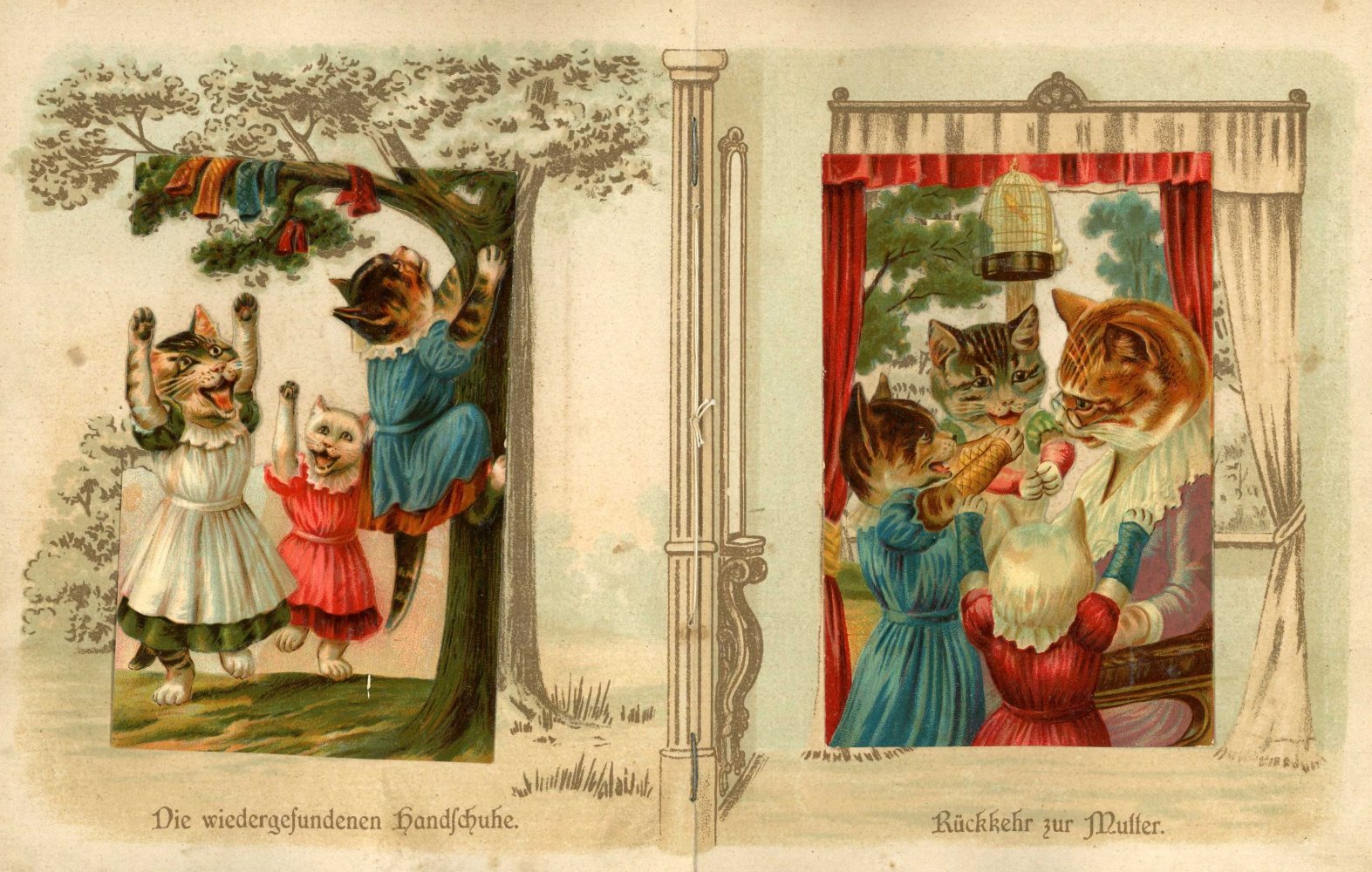Doppelseite aus „KATZENLEID UND FREUD“, Verlag Wilh. Effenberger (F. Loewe's Verlag), Stuttgart, um 1900; Repro Schulmuseum Lohr a.Main