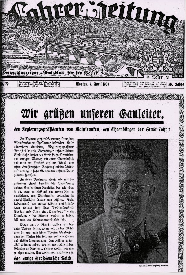 Titelseite der Lohrer Zeitung am 4. April 1938