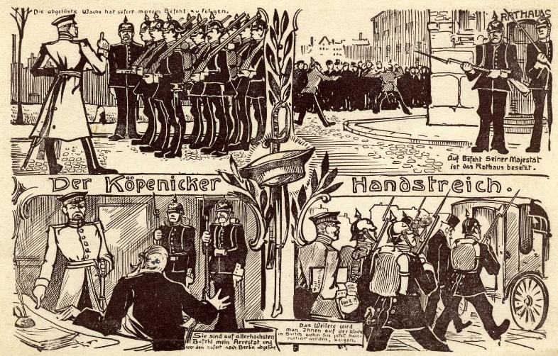 Postkarte zum Thema „Der Hauptmann von Köpenick“, („Der Köpenicker Handstreich“), geschrieben am 23. 10. 1906