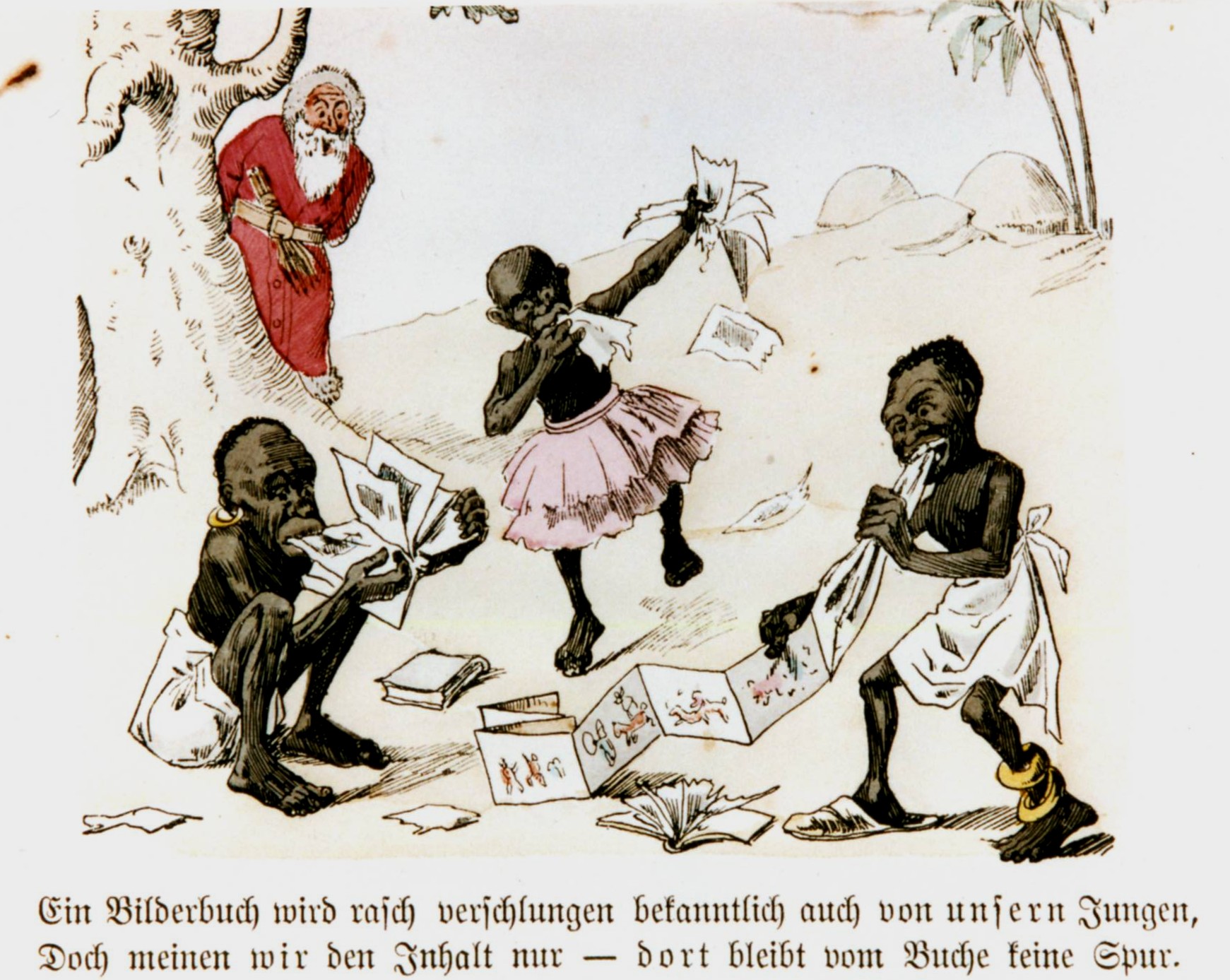 Szenen aus dem rassistischen Bilderbogen Knecht Ruprecht in Kamerun, um 1890 (Kamerun war damals eine deutsche Kolonie)