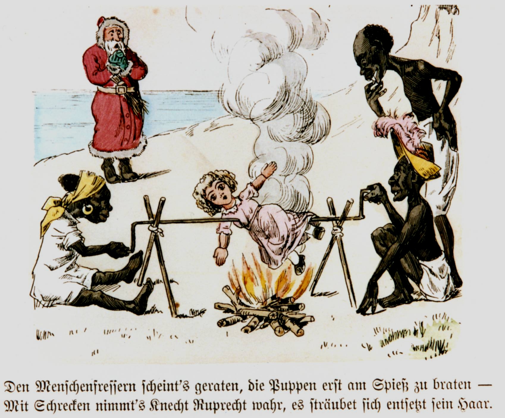 Szenen aus dem rassistischen Bilderbogen Knecht Ruprecht in Kamerun, um 1890 (Kamerun war damals eine deutsche Kolonie)