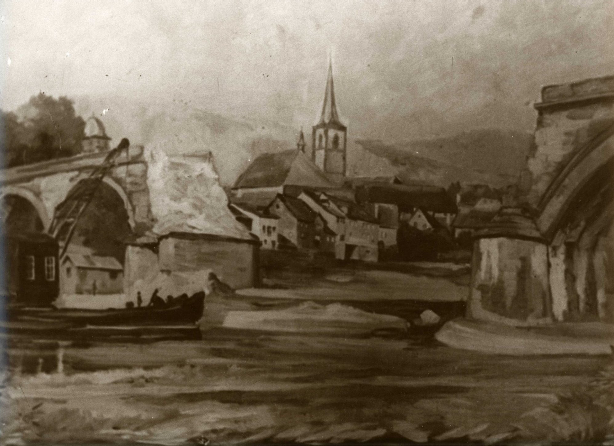 Die Lohrer Mainbrcke nach der Sprengung durch deutsche Soldaten 1945; Kopie der lstudie von K. Vogelgsang
