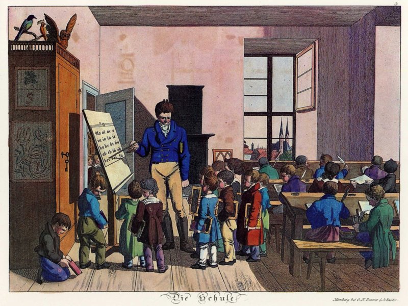 „Die Schule“, Farbkopie aus „Kinderbilder-Bilder zur Unterhaltung und mündlichen Belehrung, 1. Heft für Knaben“, um 1823
