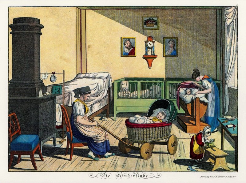 „Die Kinderstube“, Farbkopie aus „Kinderbilder-Bilder zur Unterhaltung und mündlichen Belehrung, 1. Heft für Mädchen“, um 1823