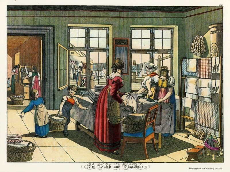 „Die Wasch- und Bügelstube“, Farbkopie aus „Kinderbilder-Bilder zur Unterhaltung und mündlichen Belehrung, 1. Heft für Mädchen“, um 1823