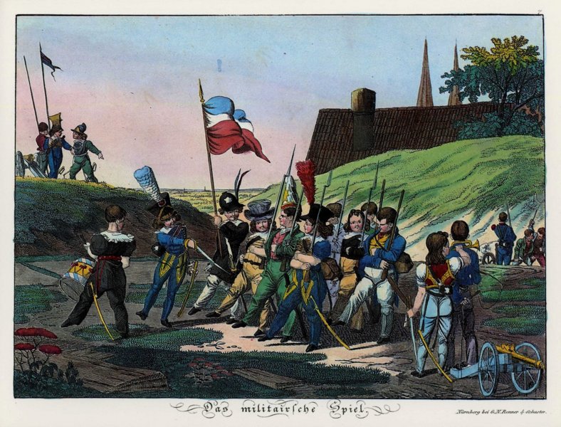 „Das militairische Spiel“, Farbkopie aus „Kinderbilder-Bilder zur Unterhaltung und mündlichen Belehrung, 1. Heft für Knaben“, um 1823