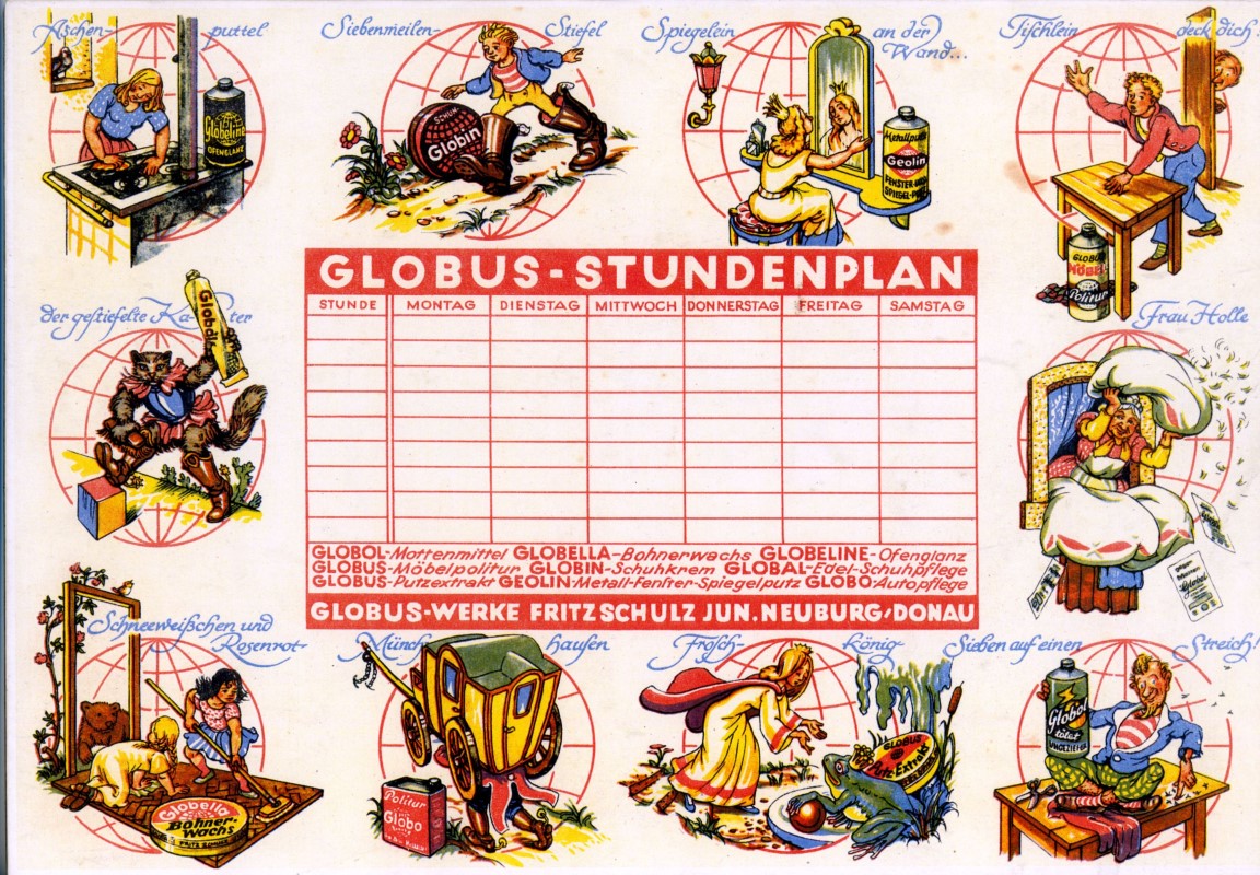 Stundenplan um 1955 mit Szenen aus verschiedenen Märchen