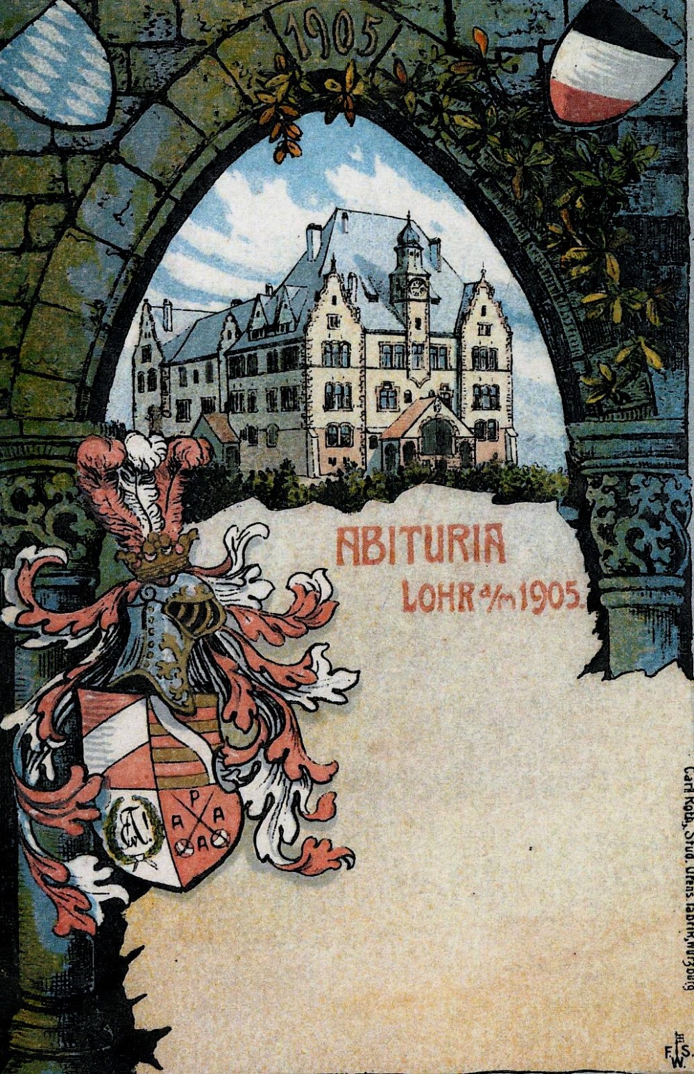 Offizielle Festpostkarte der Lohrer Abituria 1905 (Couleurpostkarte)