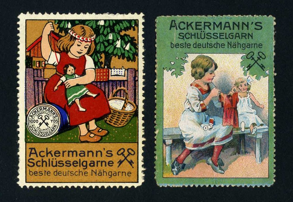 Vergrößerte Werbemarken für Textilien usw. aus der Zeit um 1910. Solche Marken wurden damals vor allem zum Verschließen von Briefen verwendet, waren aber auch bei den Kindern ein beliebtes und kostenloses Sammel-Hobby.