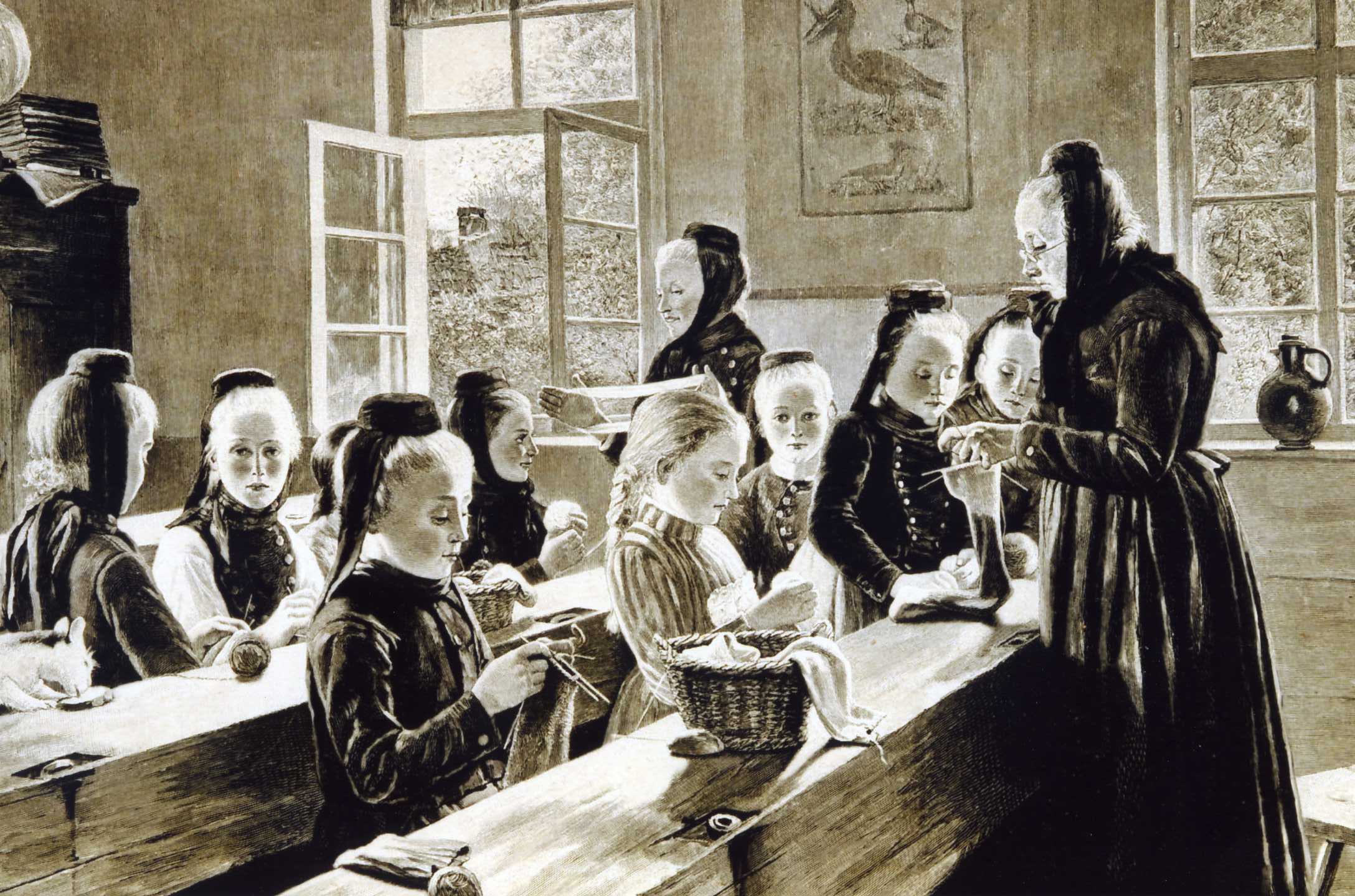 Strickunterricht in einer Schwälmer (Nordhessen) Schule, Holzstich 1894