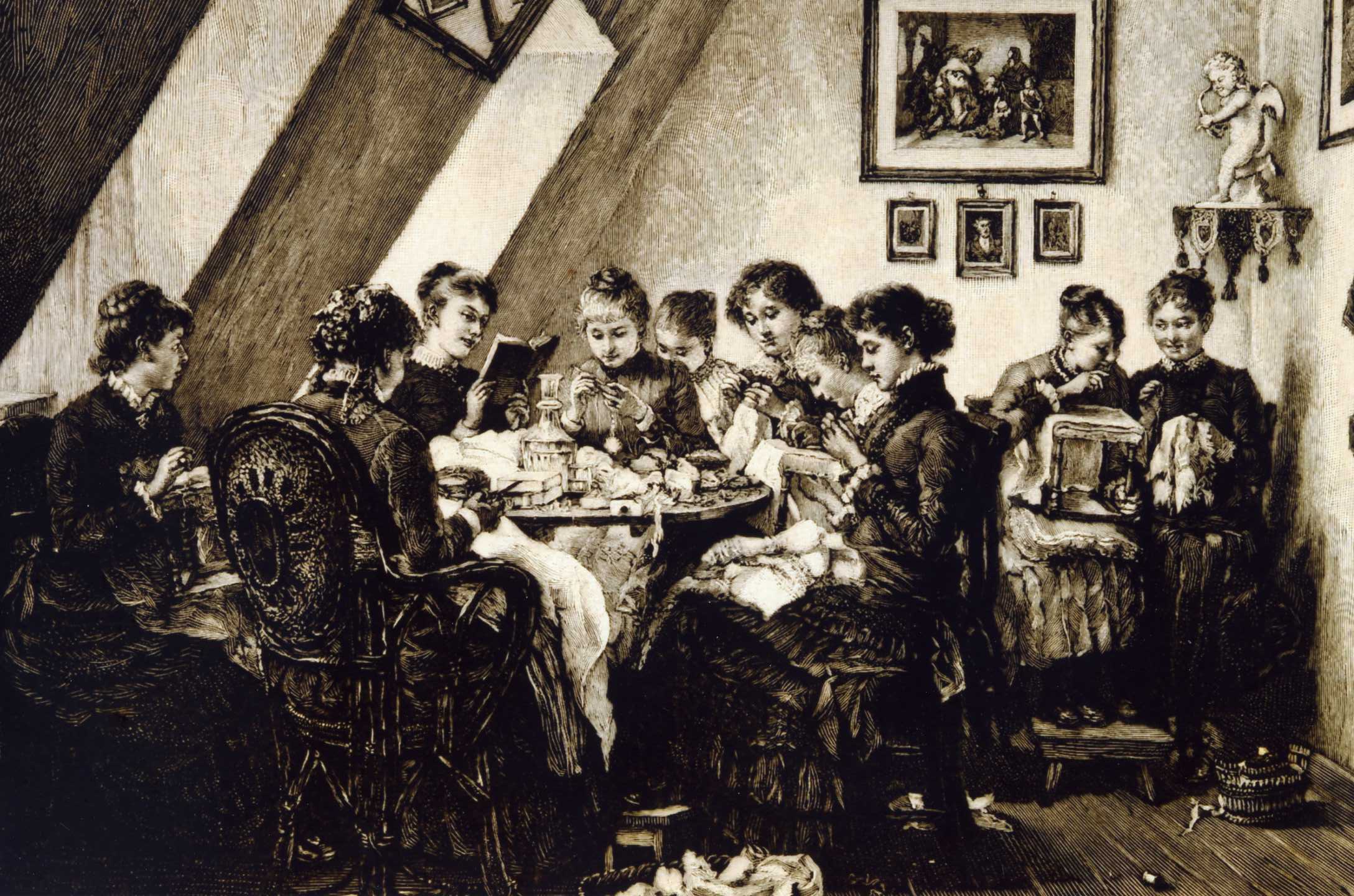 Handarbeitsstunde an einer Höheren Töchterschule, Holzstich um 1890.