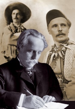 „Der Schriftsteller Karl May mit seinen Alter Egos Old Shatterhand und Kara Ben Nemsi“; (Bild und Text: Abdruck mit freundlicher Genehmigung des Karl-May-Verlages Bamberg)
