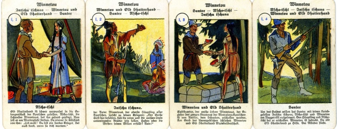 Reihe 1 mit dem Titel „Winnetou“ aus dem Quartettspiel „Karl May-Quartett“; herausgegeben wohl in den 30er Jahren des 20. Jahrhunderts (Foto: Schulmuseum Lohr)