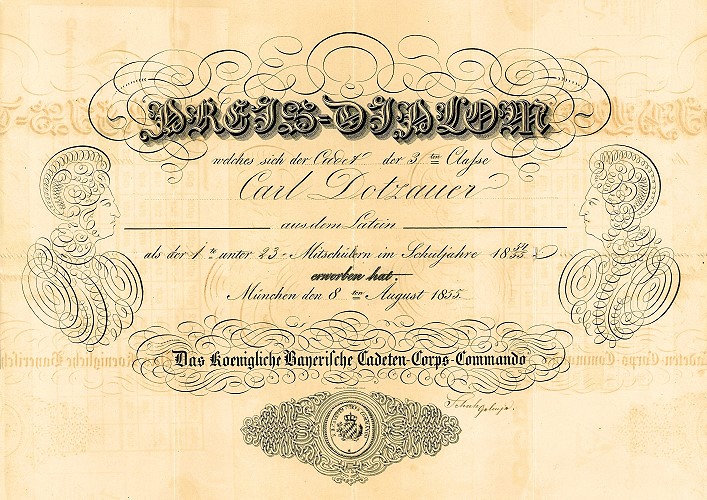 Preisdiplom (ca. 50 mal 40 cm), das der Kadett aus Bamberg, Carl Dotzauer, als bester Lateiner seiner Schulklasse 1855 erhielt.