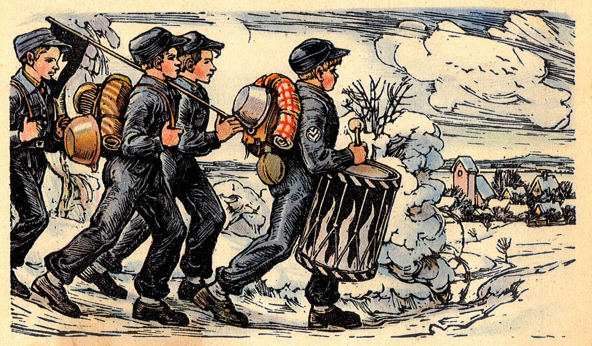 „Pimpfe“ (zehn- bis vierzehnjährige Jungen) auf dem Marsch; Seitenillustration aus:„Fibel der Mark Brandenburg“