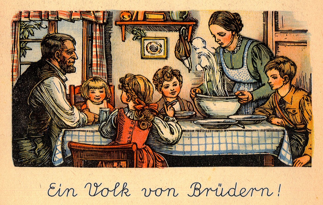 „Eintopfsonntag“; Seitenillustration aus: „Fibel der Mark Brandenburg“ 1943.