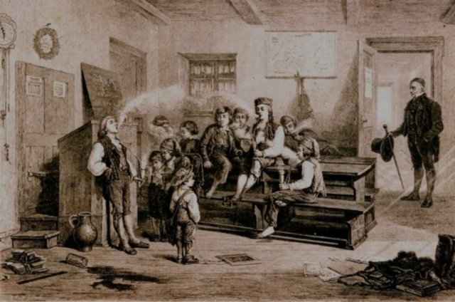 „Das Tabakscollegium in der Dorfschule.“ Holzstich um 1890 nach einem Originalgemlde von Karl Schlsser