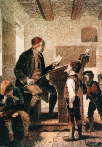„Eine schwäbische Dorfschule“; Illustrations-Holzstich um1885