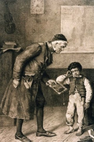 „Die zerbrochene Schiefertafel“; Holzstich um 1890