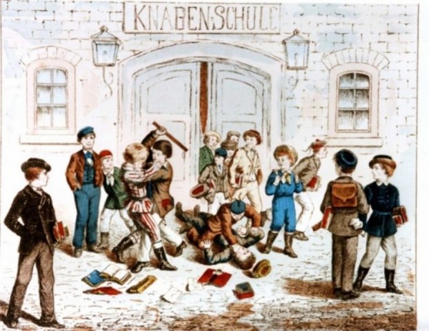 „Die Schule ist aus.“ Lithographie in einem Kinderbuch, um 1890