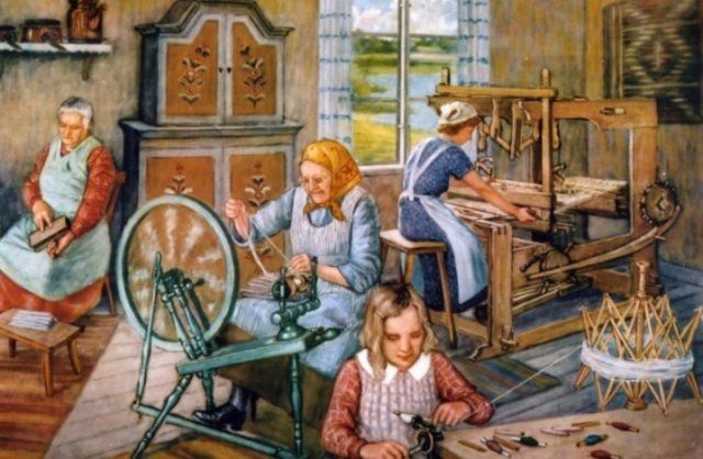 „Weber“; Schulwandbild um 1910: Bis ins 20. Jahrhundert war vor allem in den Mittelgebirgen die familienmäßig betriebene Heimweberei eine der wenigen Möglichkeiten des Broterwerbs und schloss auch die Mitarbeit der Kinder bei den verschiedensten Arbeitsabläufen ein.
