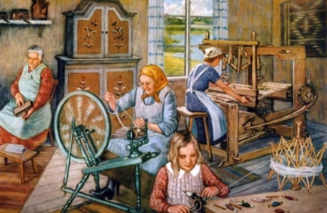 „Weber“; Schulwandbild um 1910: Bis ins 20. Jahrhundert war vor allem in den Mittelgebirgen die familienmig betriebene Heimweberei eine der wenigen Mglichkeiten des Broterwerbs und schloss auch die Mitarbeit der Kinder bei den verschiedensten Arbeitsablufen ein.